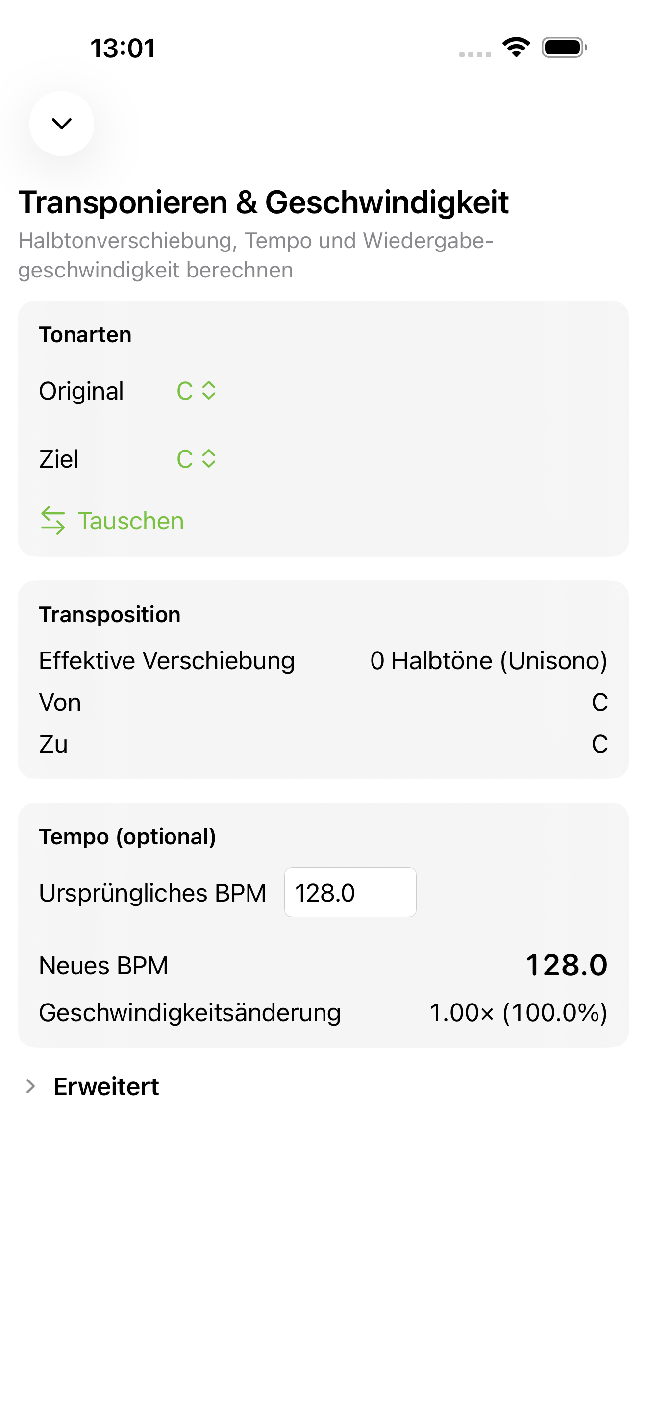 Transpositions- und Geschwindigkeitstool auf iPhone